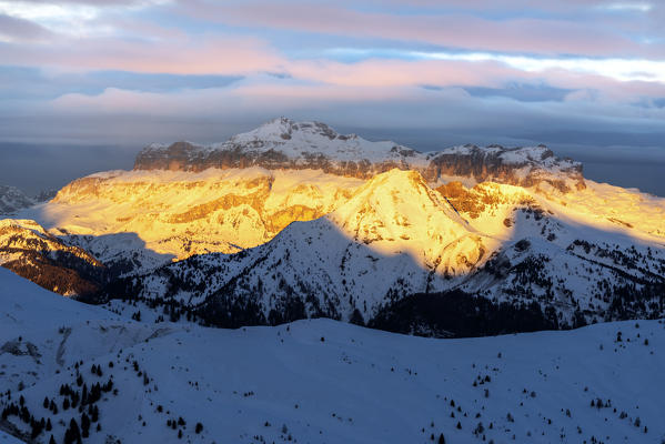 Golden hour in Dolomites. Europe, Italy, Veneto, Belluno province, Giau pass