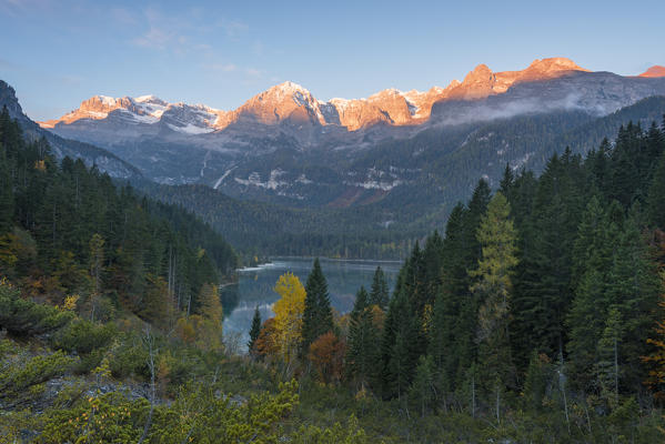 Lake Tovel at sunrise
Europe, Italy, Trento region, Trento district, Natural Park Adamello Brenta, Tuenno city