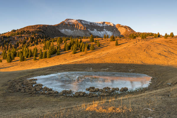 Monte Peller and Lake of the Vipers in golden hour
Europe, Italy, Natural Park Adamello Brenta, Peller mountain, Trentino Alto Adige, Trento district, Non valley