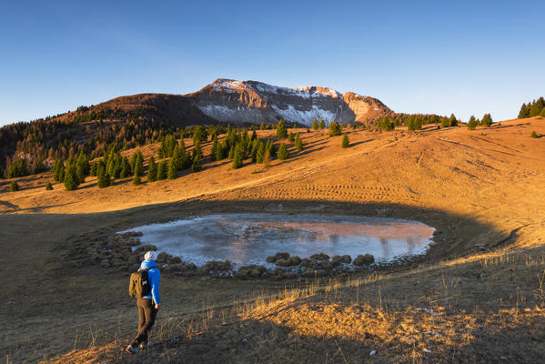 Monte Peller and Lake of the Vipers at sunset. Europe, Italy, Natural Park Adamello Brenta, Peller mountain, Trentino Alto Adige, Trento district, Non valley