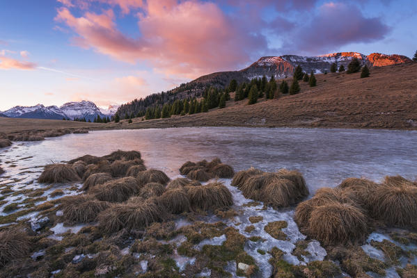 Monte Peller and Lake of the Vipers at sunrise
Europe, Italy, Natural Park Adamello Brenta, Peller mountain, Trentino Alto Adige, Trento district, Non valley