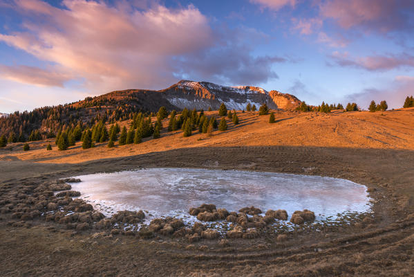 Monte Peller and Lake of the Vipers in golden hour
Europe, Italy, Natural Park Adamello Brenta, Peller mountain, Trentino Alto Adige, Trento district, Non valley