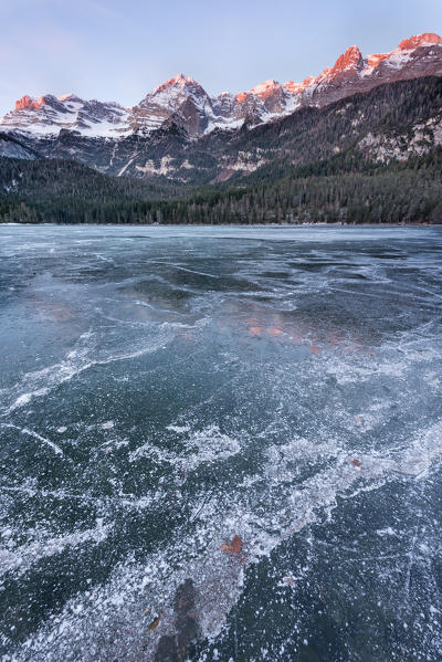 Frozen lake Tovel at sunrise
Europe, Italy, Trentino Alto Adige, Trento district, Non valley, Tovel valley, Tuenno city