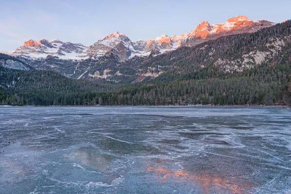Frozen lake Tovel at sunrise
Europe, Italy, Trentino Alto Adige, Trento district, Non valley, Tovel valley, Tuenno city