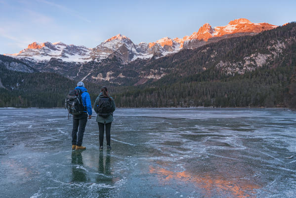 Frozen lake Tovel at sunrise
Europe, Italy, Trentino Alto Adige, Trento district, Non valley, Tovel valley, Tuenno city
