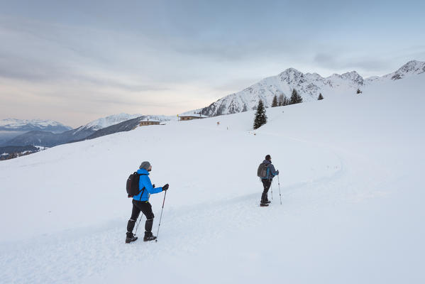 hikers to Cloz alm
Europe, Italy, Trentino Alto Adige region, Trento discrit, Non valley, Cloz alm, mountain group Maddalene