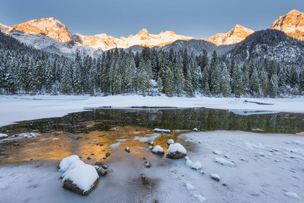 Tovel lake and natural park Adamello Brenta at sunrise
Europe, Italy, Trentino Alto Adige region, Trento district, Non valley, Tovel valley, Tuenno city