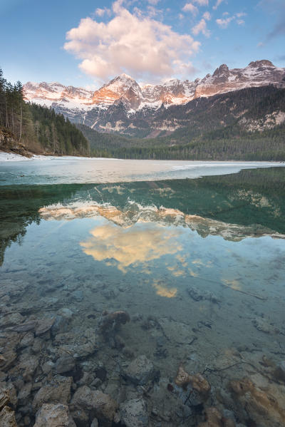 Lake Tovel at sunrise
Europe, Italy, Trentino Alto Adige region, Trento district, Tuenno city, Non valley