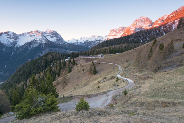 Tuena alm at sunrise
Europe, Italy, Trentino Alto Adige region, Trento district, Non valley, municipality of Tuenno