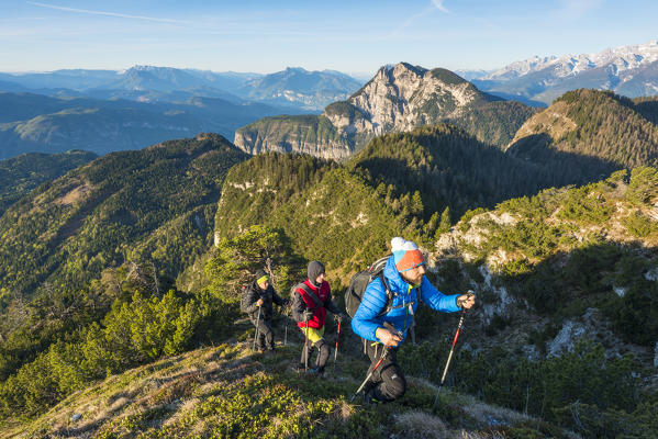 Tourists on the path to Tres horn
Europe, Italy, Trentino Alto Adige, Trento district, Non valley, Tres city