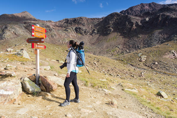 Alpine signage leading to the Marmotte Lake
Europe, Italy, Trentino region, Venezia Valley, Sun valley, Pejo, National park Stelvio