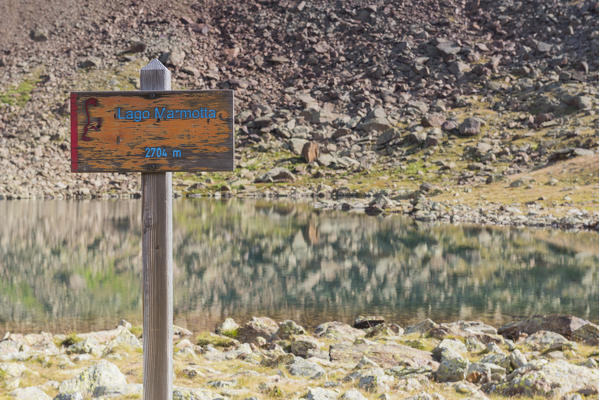 Signage Marmotta lake
Europe, Italy, Trentino region, Sun valley, Pejo, national park Stelvio