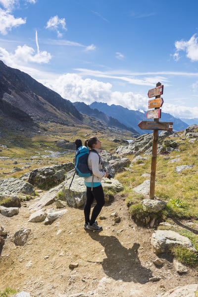 Alpine signage leading to the Careser Lake
Europe, Italy, Trentino region, Venezia Valley, Sun valley, Pejo, National park Stelvio