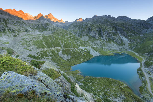 Lake Cornisello superior at sunrise
Europe, Italy, Trentino region, Nambrone valley, Rendena valley, Carisolo, Sant'Antonio di Mavignola, Madonna di Campiglio