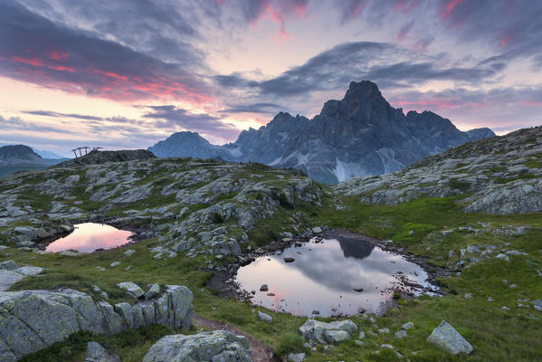 Cavallazza Lakes at sunrise towards Pale di San Martino
Europe, Italy, Trentino region, Rolle pass