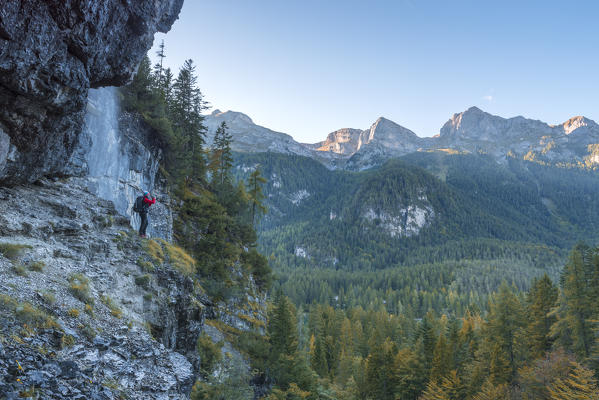 Photographer at sunrise in Tovel valley
Europe, Italy, Trentino region, Trento district, Tovel valley, Non valley, Ville Anaunia city, Tuenno city