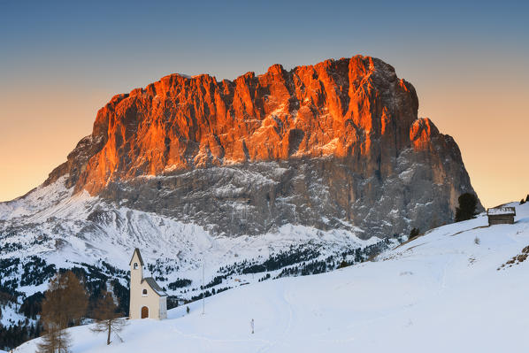 Church San Maurizio in Gardena pass at sunrise
Europe, Italy, Trentino Alto Adige, Bolzano district, Dolomites