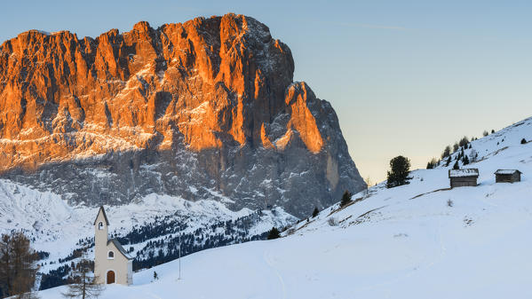 San Maurizio church at sunrise
Europe, Italy, Trentino Alto Adige, Bolzano district, Gardena pass