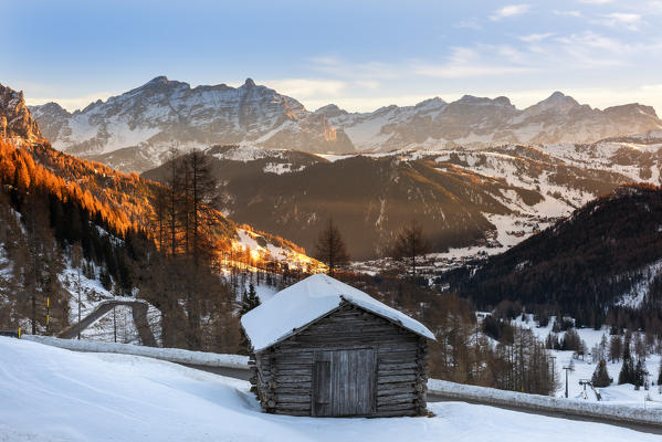 Barn to Gardena pass at sunrise
Europe, Italy, Trentino Alto Adige, Bolzano district