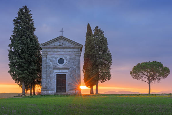Chapel of the Madonna of Vitaleta in spring season
Europe, Italy, Tuscany, Siena province, San Quirico municipality