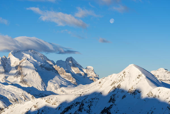 Marmolada and the moon of the day, 
Europe, Italy, Veneto, Belluno district, Giau pass