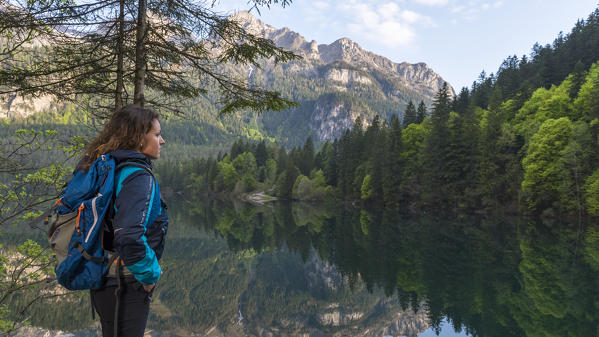 Tourist while admiring Lake Tovel
Europe, Italy, Trentino, Non valley, Tovel valley, Trento province, Ville d'Anaunia