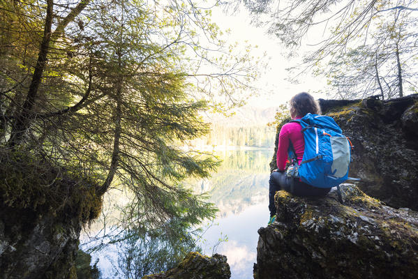 Tourist while admiring Lake Tovel
Europe, Italy, Trentino, Non valley, Tovel valley, Trento province, Ville d'Anaunia