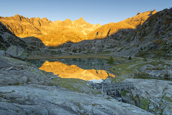 Cornisello lake in Nambrone valley at sunrise in autumn
Europe, Italy, Trentino Alto Adige, Madonna di Campiglio, Nambrone valley, Trento district