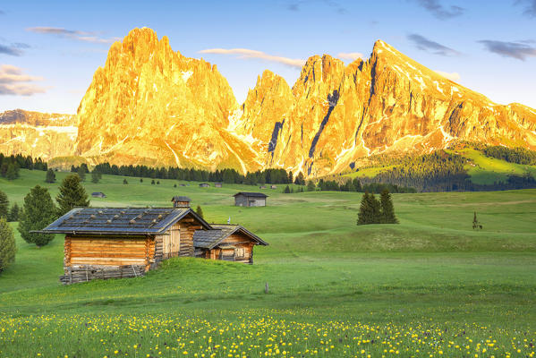 sasso Lungo and Sasso Piatto at Sunset
Europe, Italy, Trentino Alto Adige, Alpe di Siusi