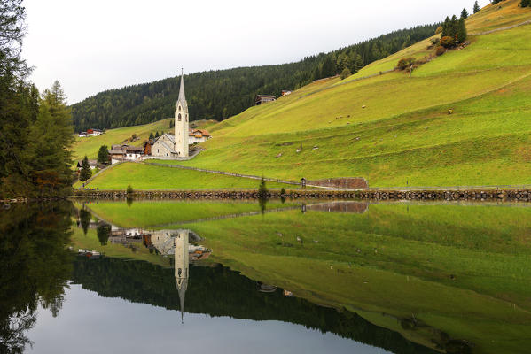 Church of San Nicolò reflected in Lake Valdurna
Europe, Italy, South Tyrol, Bolzano province, Valdurna, Sarentino valley