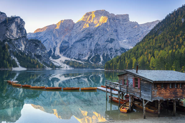 Braies lake at sunrise in autumn season
Europe, Italy, South Tyrol, Braies valley, Bolzano province, Braies municipality