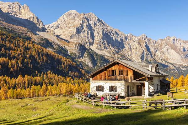Flavona hut in autumn on the Natural Park Adamello Brenta
Europe, Italy, Trentino, Non Valley, Flavon municipality, Trento province