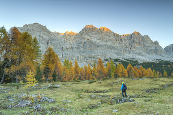 Hiker in the presence of the Campa group mountain
Europe, Italy, Trentino, Trento province, Non valley
