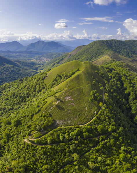 Aerial view of Monte Chiusarella, varesine prealps, Parco Regionale del Campo dei Fiori, Varese district, Lombardy, Italy.