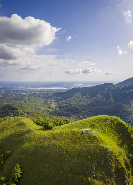 Aerial view of Monte Chiusarella, varesine prealps, Parco Regionale del Campo dei Fiori, Varese district, Lombardy, Italy.