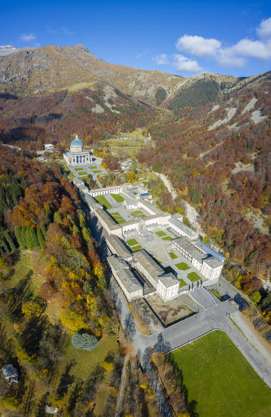 Aerial view of the Sanctuary of Oropa in autumn, Biella, Biella district, Piedmont, Italy, Europe.