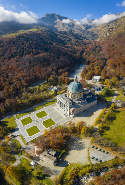 Aerial view of the dome of the upper basilica of the Sanctuary of Oropa in autumn, Biella, Biella district, Piedmont, Italy, Europe.
