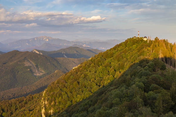 View of the mountains surrounding Campo dei Fiori from the viewpoint of Punta di Mezzo at sunset. Campo dei Fiori, Varese, Parco Campo dei Fiori, Lombardy, Italy.