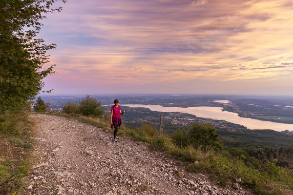 View of the trail to the viewpoint called Forte di Orino, a part of Linea Cadorna and Lake Varese. Campo dei Fiori, Varese, Parco Campo dei Fiori, Lombardy, Italy.