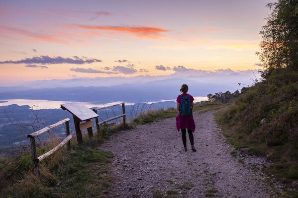 View of the trail to the viewpoint called Forte di Orino, a part of Linea Cadorna and Lake Maggiore. Campo dei Fiori, Varese, Parco Campo dei Fiori, Lombardy, Italy.