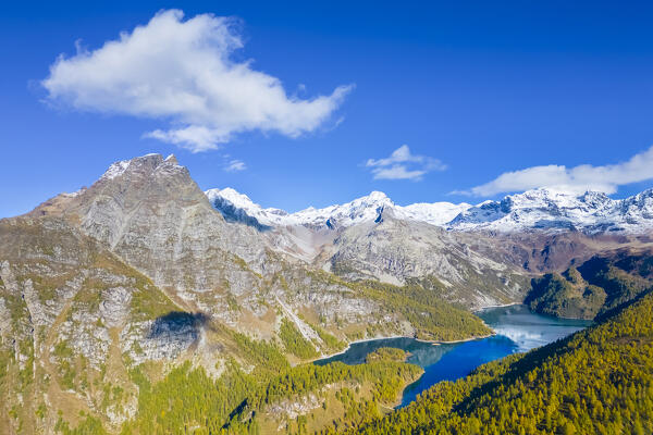Autumnal view of the Lake Devero from Alpe Sangiatto at Alpe Devero park. Antigorio valley, Piedmont, Italy.