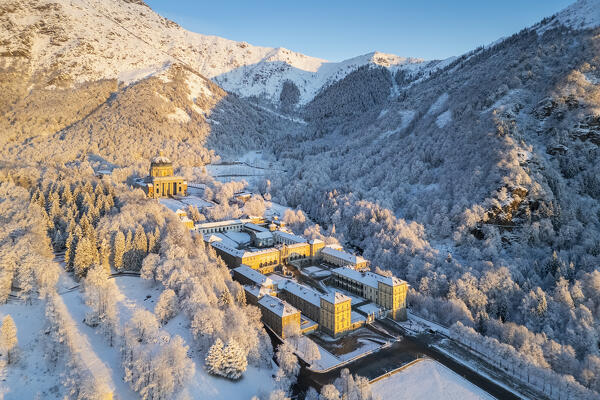 Aerial view of the Sanctuary of Oropa in winter at dawn. Biella, Biella district, Piedmont, Italy, Europe.
