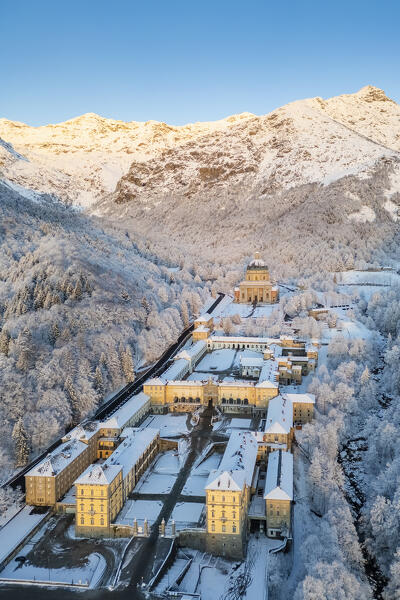 Aerial view of the Sanctuary of Oropa in winter at dawn. Biella, Biella district, Piedmont, Italy, Europe.