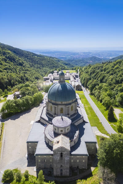 Aerial view of the dome of the upper basilica of the Sanctuary of Oropa in summer, Biella, Biella district, Piedmont, Italy, Europe.