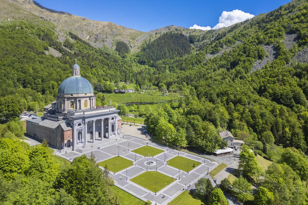 Aerial view of the dome of the upper basilica of the Sanctuary of Oropa in summer, Biella, Biella district, Piedmont, Italy, Europe.