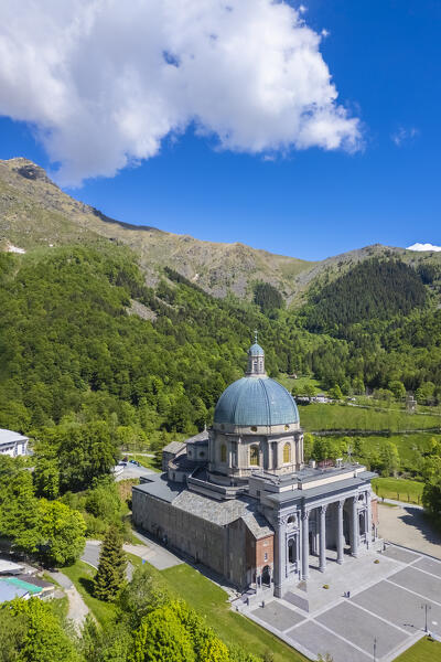 Aerial view of the dome of the upper basilica of the Sanctuary of Oropa in summer, Biella, Biella district, Piedmont, Italy, Europe.