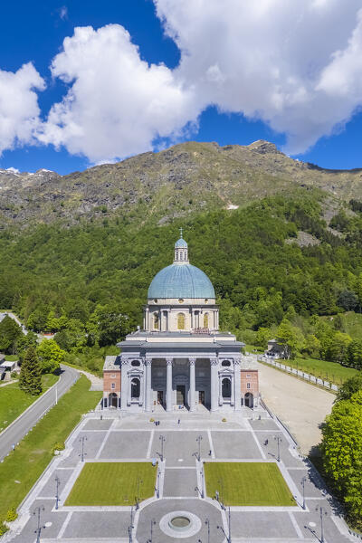 Aerial view of the dome of the upper basilica of the Sanctuary of Oropa in summer, Biella, Biella district, Piedmont, Italy, Europe.