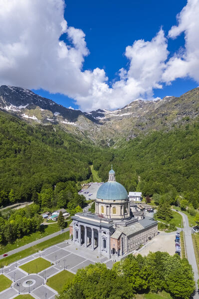 Aerial view of the dome of the upper basilica of the Sanctuary of Oropa in summer, Biella, Biella district, Piedmont, Italy, Europe.