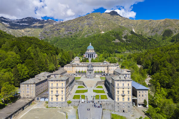 Aerial view of the Sanctuary of Oropa in summer. Biella, Biella district, Piedmont, Italy, Europe.