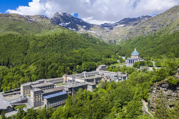 Aerial view of the Sanctuary of Oropa in summer. Biella, Biella district, Piedmont, Italy, Europe.